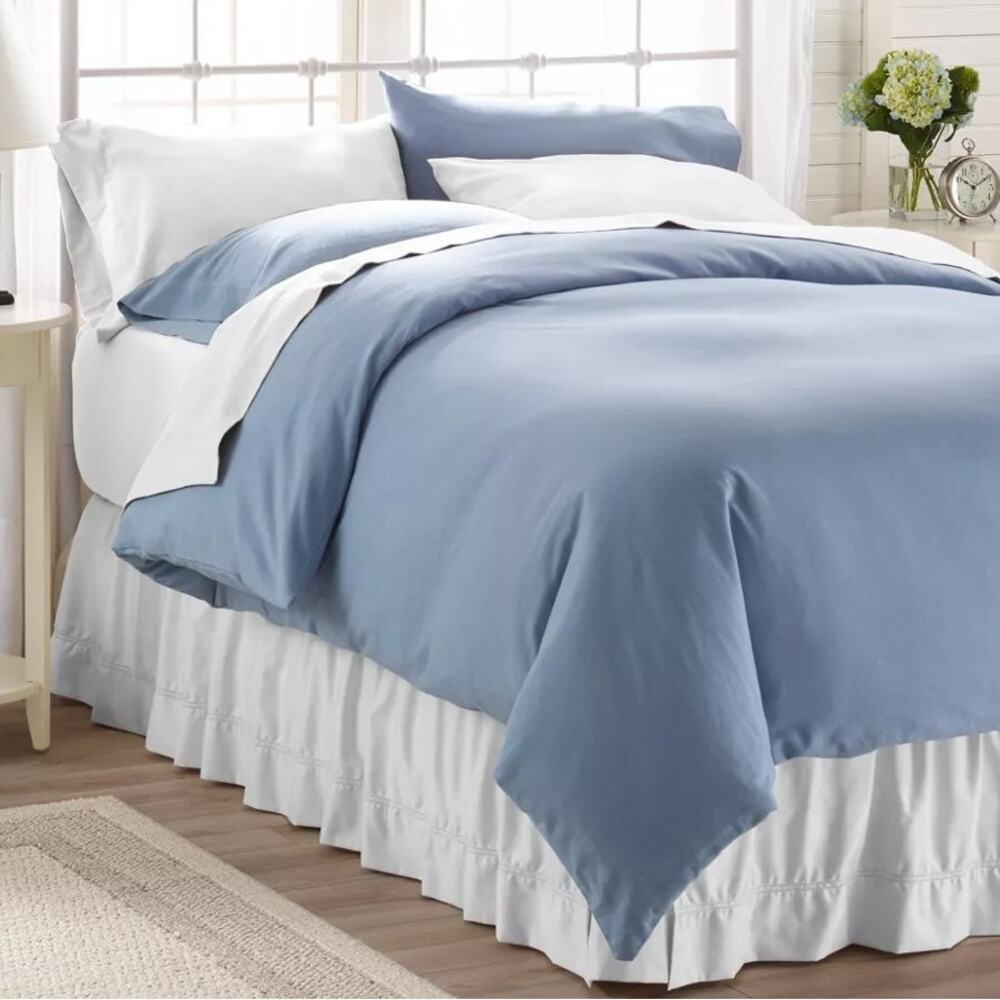 L.L. Bean Cotton Flannel Duvet Comforter Cover Queen Solid Dusty Blue Portugal